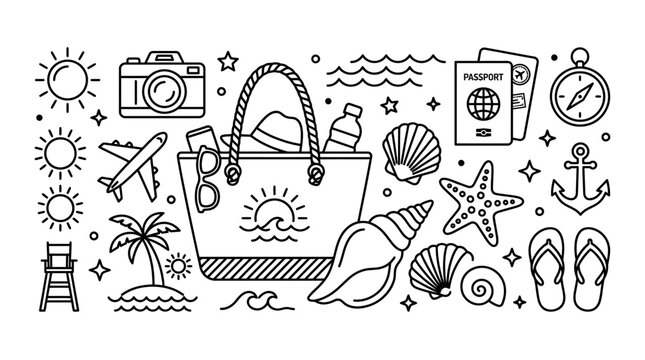 Summer vacation beach travel hand drawn doodle set.