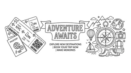Travel doodle illustration with adventure awaits text and travel accessories. © alfan fikri