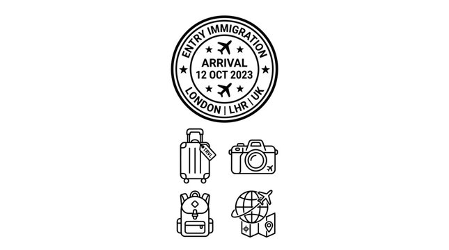Travel stamp icon with luggage camera backpack and globe symbols.