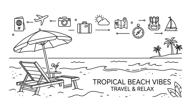 Tropical beach vacation sketch with travel icons and relaxing chair.