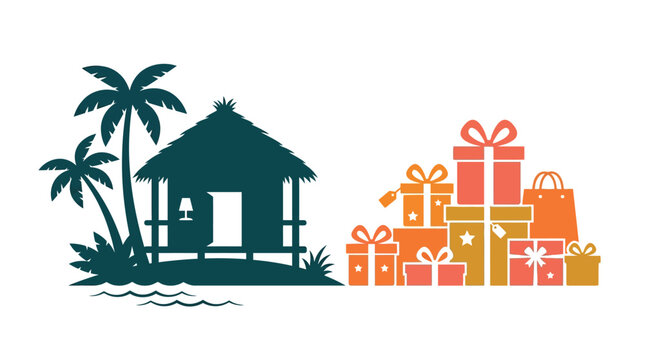 Tropical island bungalow silhouette with a stack of colorful gift boxes.