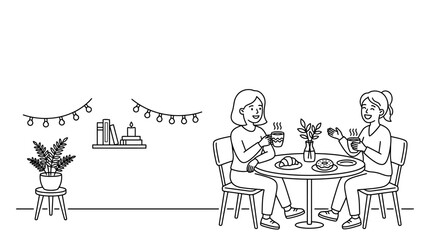 Obraz premium Two women sitting at a table having coffee and snacks.