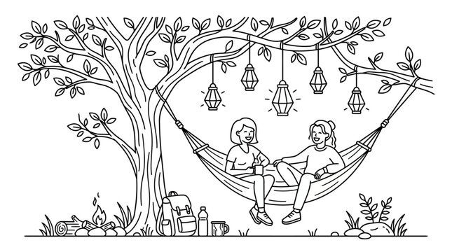 Two women resting and chatting in a hammock hanging from a tree.