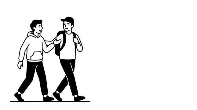 Two young men walking together and talking in a casual style illustration.