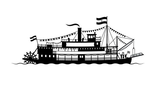 Vintage black and white illustration of a classic paddle wheel steamboat.