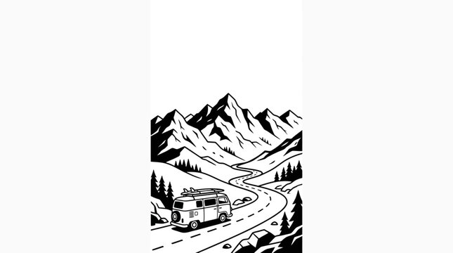 Vintage camper van driving on a mountain road illustration.
