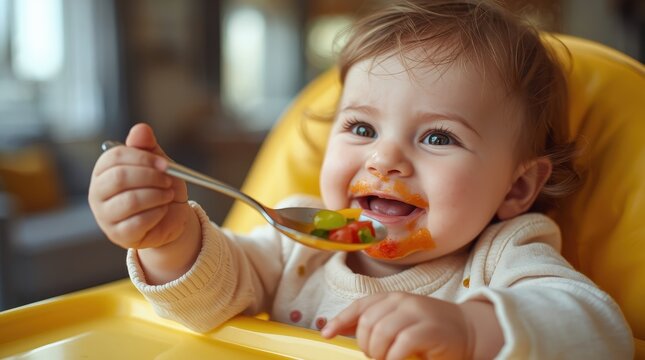 Intimate shots of a toddler in a yellow high chair enjoying spoon-fed meals, displaying adorable and messy reactions.