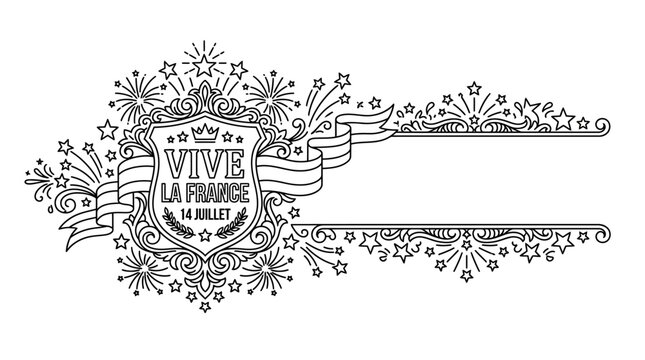 Vive La France 14 Juillet French National Day Emblem with Fireworks and Ribbon Frame.
