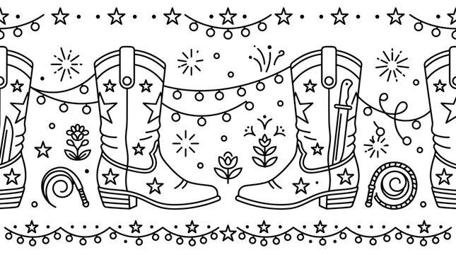 Western style seamless pattern with cowboy boots and decorative festive lights.