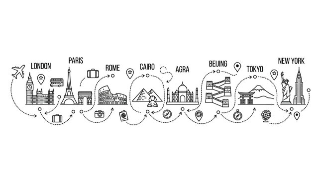 World landmarks and travel icons doodle illustration banner.