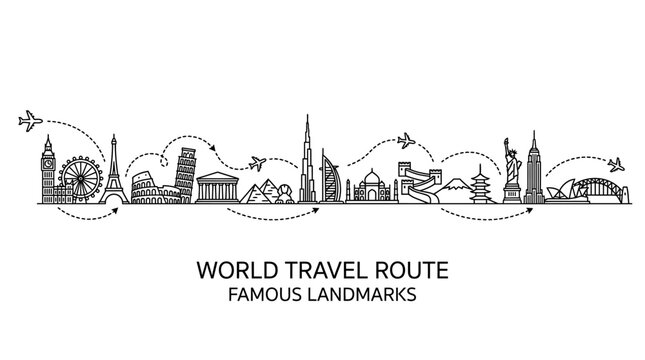 World Travel Route Famous Landmarks Illustration with Hand Drawn Sketch Style.