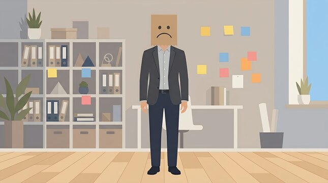 Frustrated Businessman Standing with Sad Paper Bag Mask in Modern Office Interior