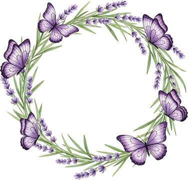 Lavender flower wreath with purple butterflies arranged in a circular frame for wedding invitations and greeting card designs