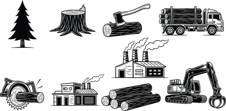 Logging industry icons set featuring timber harvesting equipment sawmill facilities and forestry operations in a detailed black vector style