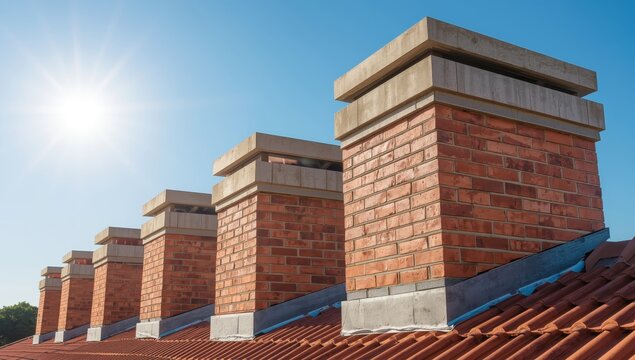 Contemporary brick chimneys with concrete caps, brown-red clay tiles, zinc flashing, under a clear blue sky and bright sunlight.