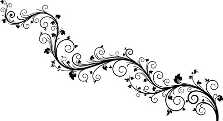 Fototapeta premium Black floral vine border, elegant swirling leaf design, vector illustration, decorative element, botanical pattern