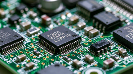 Obraz premium Advanced Microprocessor Technology: Close-Up of Green Printed Circuit Board with Electronic Components