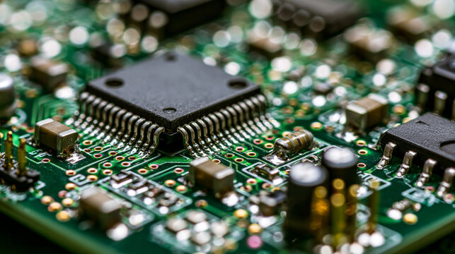 Closeup of Green Printed Circuit Board with Modern Microprocessor Chip and Electronic Components for High-Tech Innovative Digital Devices