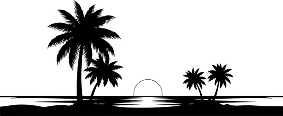 Obraz premium Tropical palm trees, sunset silhouette, black vector icons, beach landscape