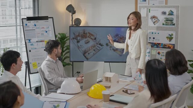 Office business meeting team female presenter project presentation architecture model design concept planning discussion modern collaboration workspace boardroom conference room teamwork SEO ready