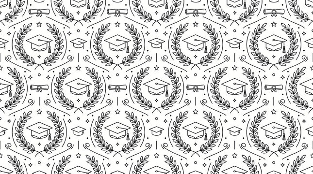 Minimalist graduation seamless vector pattern in black and white line art style. Features a repeating ornament of graduation mortarboard caps, academic laurel wreaths, diplomas, stars, and decorative 