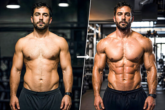 Male body transformation before and after fitness journey