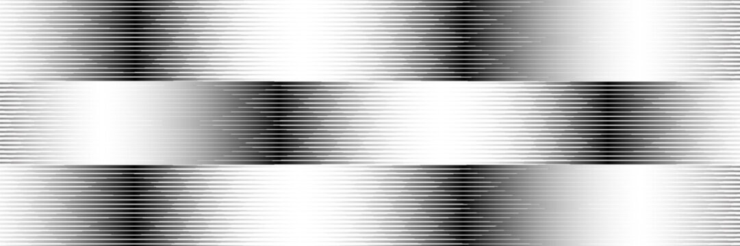 Black and white striped halftone gradient. Fading line gradation background. Repeating strip pattern backdrop. Parallel lines wallpaper for overlay, print, cover. Vector Doppler effect concept