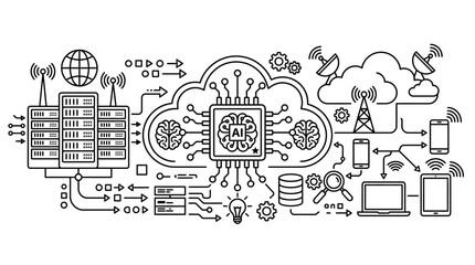 Fototapeta premium Artificial Intelligence Cloud Computing and Data Network Hand Drawn Illustration.