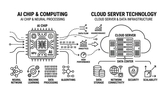 Artificial Intelligence chip and cloud server infrastructure technical infographic.