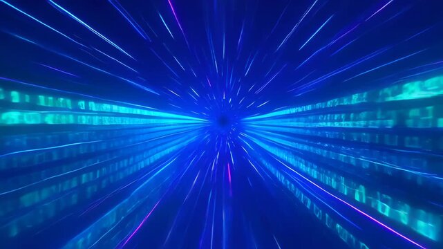 Digital datum stream matrix effect abstract blue light burst tunnel futuristic energy motion speed technology background with glowing line and motion blur abstract depth space cyber tunnel