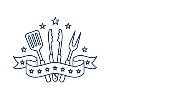 Barbecue Grill Tools Icon with Stars and Decorative Ribbon Banner.