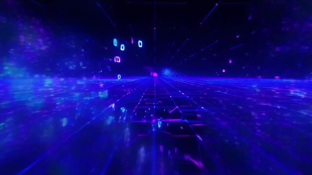 Digital datum stream matrix effect futuristic neon grid horizon glowing abstract background with blue and purple light, perspective, technology data flow, and purple blue glow for SEO searchable use