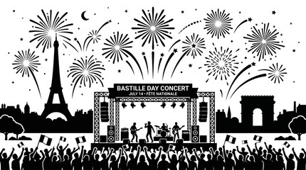 Obraz premium Black and white illustration of a Bastille Day concert with a live band on stage.