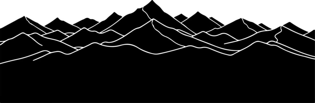 Mountain range landscape, black silhouette, white outline, vector illustration, scenic view