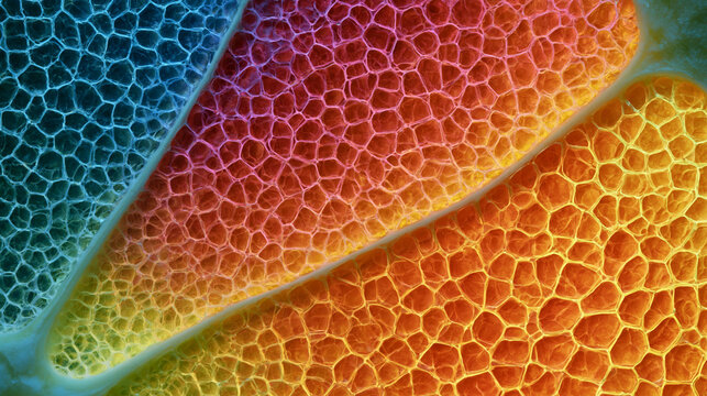 Macro Closeup of Vibrant Cellular Texture and Multi-Colored Leaf Patterns in Nature Photography