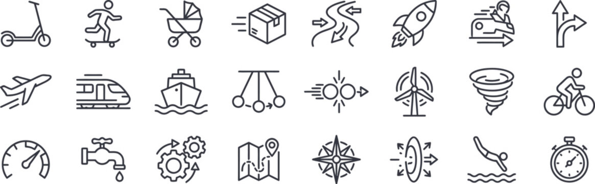 Motion and movement line icon set, speed, physics, and transportation outline icons
