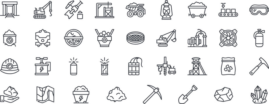 Mining industry line icon set, coal mine equipment, tools and heavy machinery outline icons