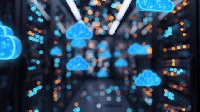 Blue glowing cloud icon floating in a futuristic server room corridor with bokeh digital lights, concept for cloud computing, data center storage and network security technology