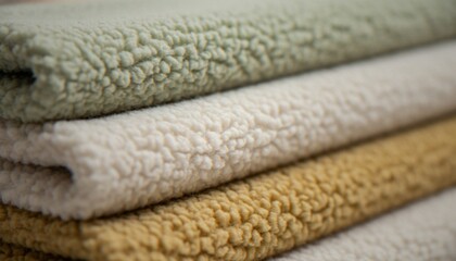 A close-up of stacked folded pieces of soft, textured fleece or sherpa fabric in muted sage green, creamy white, and mustard yellow colors. © artvibi