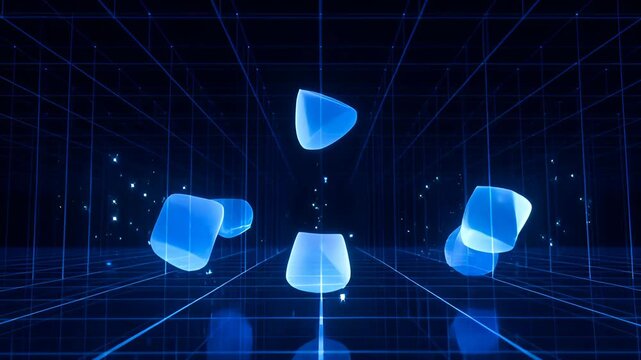 Digital datum stream matrix effect blue abstract 3d data flow in futuristic space with glowing particle grid lines, light tunnel, geometric form, depth perspective and cyber technology concept