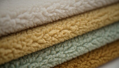 A close-up studio shot of a stack of folded sherpa fleece fabrics in various soft, muted colors including cream, yellow, sage green, and ochre. © artvibi
