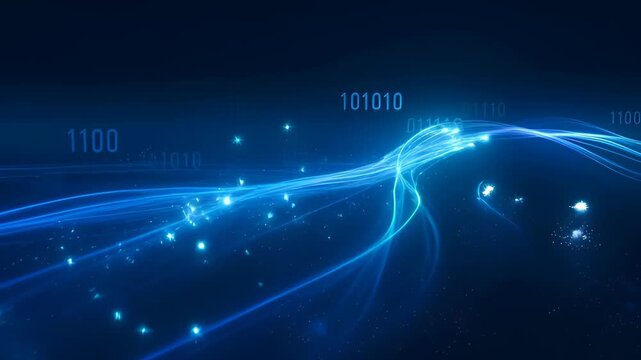 Digital Datum Stream Matrix Effect Blue Light Line Wave Abstract Background With Glowing Trail, Particle Burst, Binary Code, Dark Searchable SEO Title