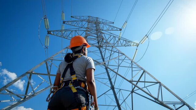 Female power line technician wearing hard hat and safety harness looking at high voltage electricity pylon under blue sky, concept for grid maintenance, energy infrastructure and industrial safety