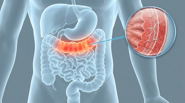 Anatomical illustration showing the human digestive system with a focus on inflamed colon tissue magnified within a circular glass lens highlighting internal muscular wall structure and