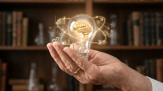 An elderly person holding a glowing light bulb containing a human brain surrounded by digital holographic business charts and gears against a blurred shelf filled with many old leather books