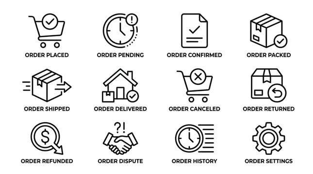 Set of ecommerce order status and delivery line icons.
