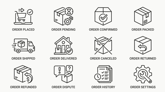 Set of ecommerce order status icons in linear style.