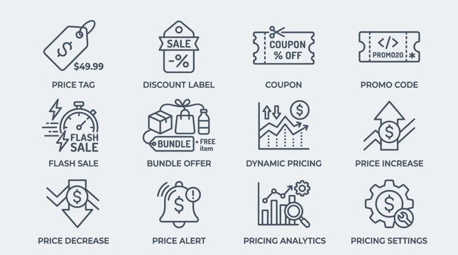 Set of e-commerce pricing and discount line icons.
