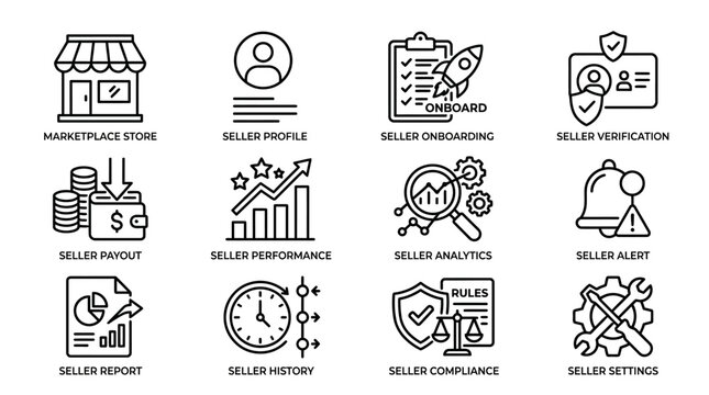 Set of e-commerce seller and business management line icons.