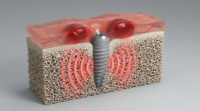A cross section of human jaw bone shows a titanium dental implant placed in the mandible with visible inflammation in the surrounding gum tissue and red glowing waves depicting pain signals